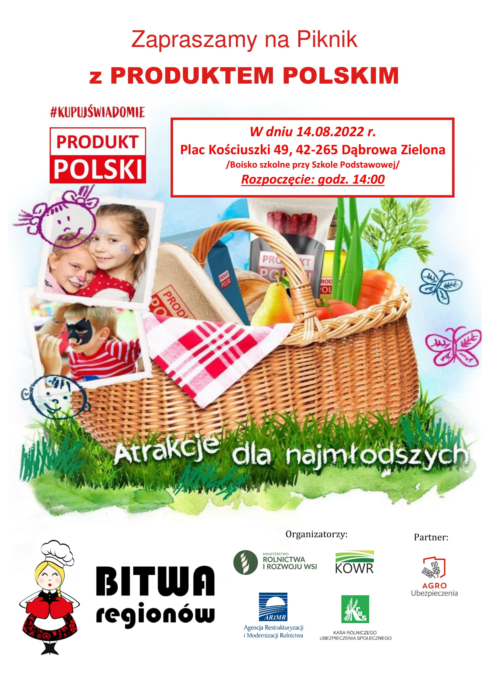 Zaproszenie na piknik z Produktem Polskim, Dąbrowa Zielona, boisko szkolne 14.08.22 godz. 14:00