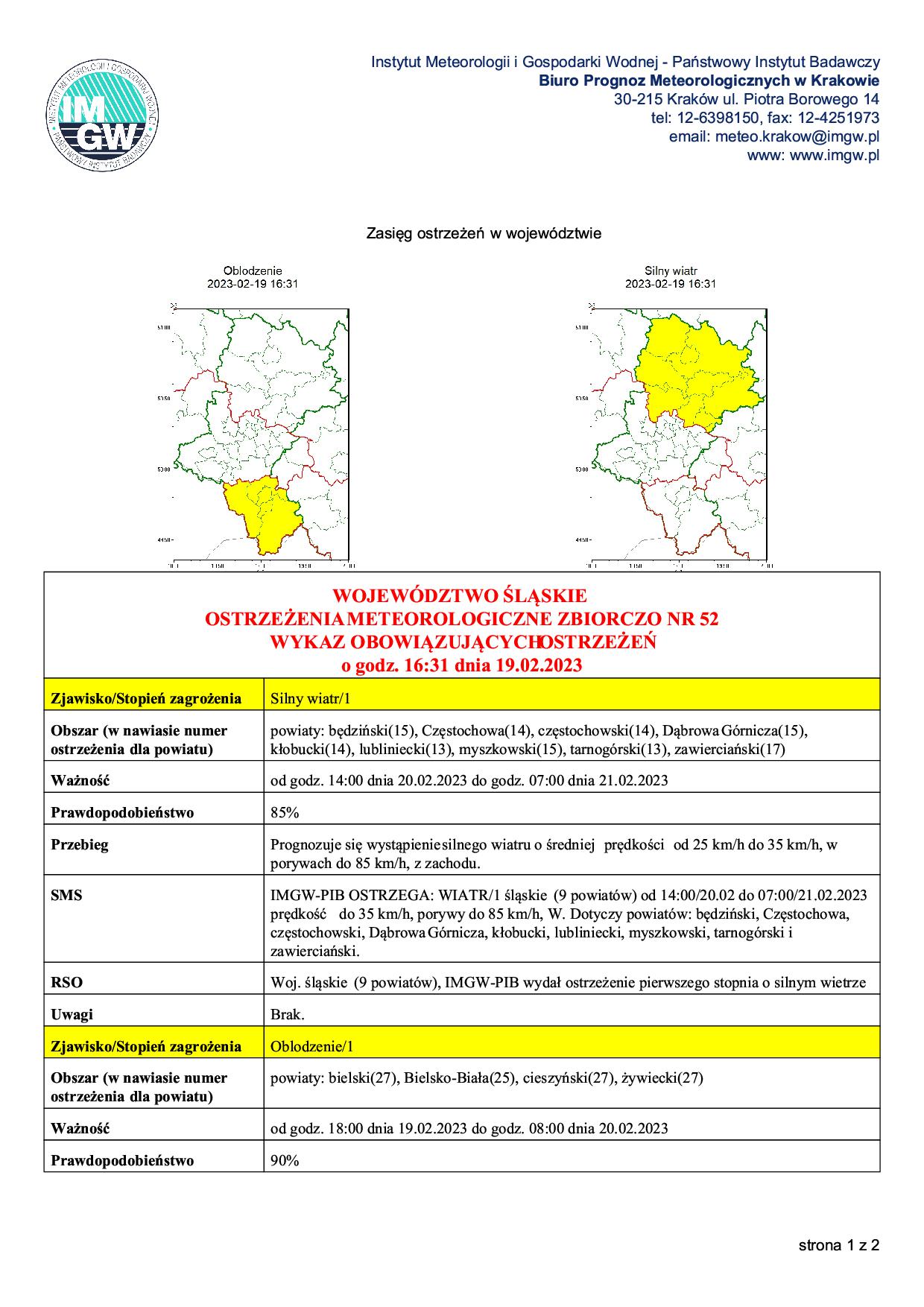 2023 02 19 Ostrzeżenie meteorologiczne zbiorczo nr 52 silny wiatr1