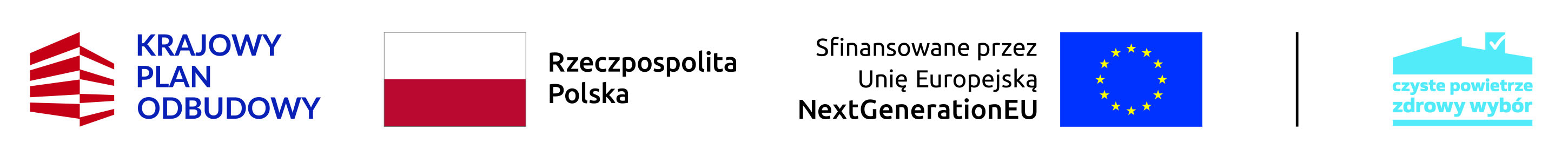 Logo Czyste Powietrze-zdrowy wybór, Krajowy Plan Odbudowy, Rzeczpospolita Polska oraz Sfinansowane przez Unię Europejską