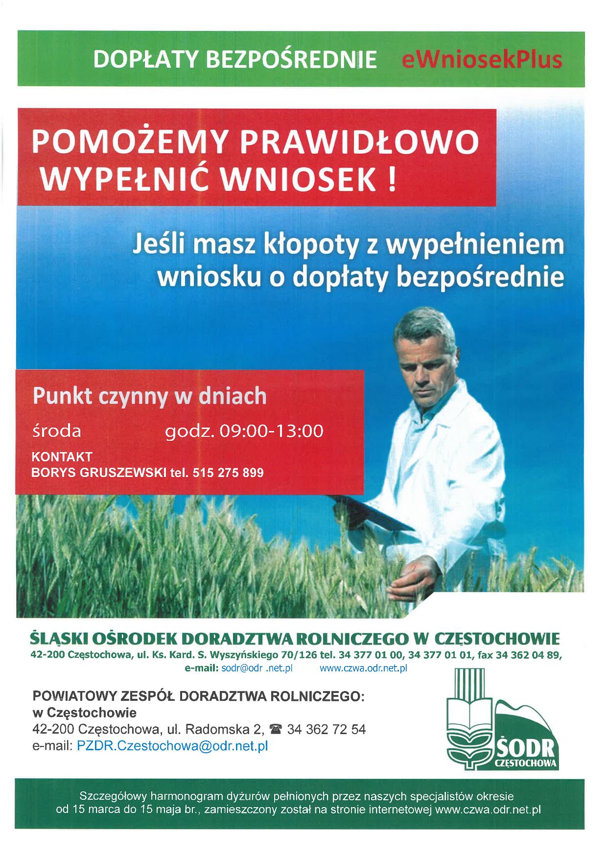 Pomoc w wypełnianiu wniosku o dopłaty bezpośrednie dla rolników, punkt czynny w środy godz. 9:00-13:00, tel. 515 275 899