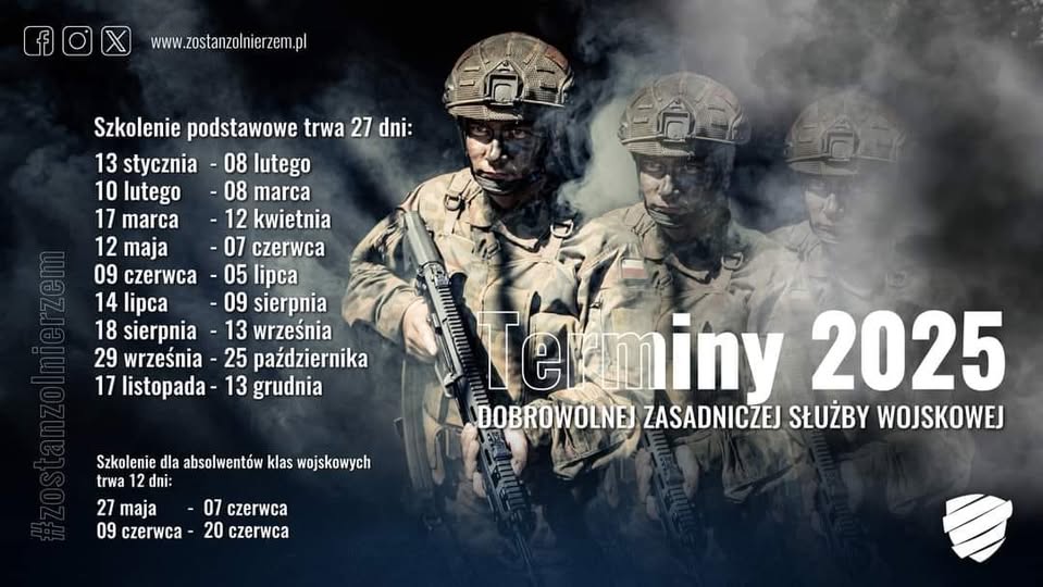 Terminy 2025 dobrowolnej zasadniczej służby wojskowej. Więcej informacji na www.zostanzolnierzem.pl