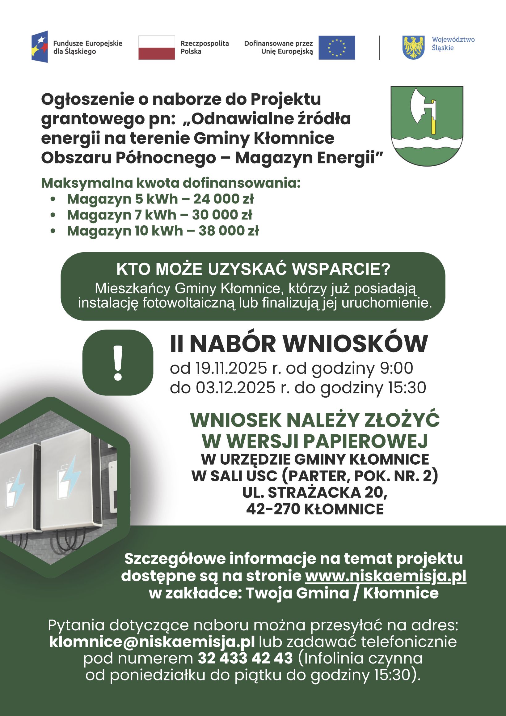 Ogłoszenie o naborze do Projektu grantowego pn: „Odnawialne źródła energii na terenie Gminy Kłomnice Obszaru Północnego – Magazyn Energii”