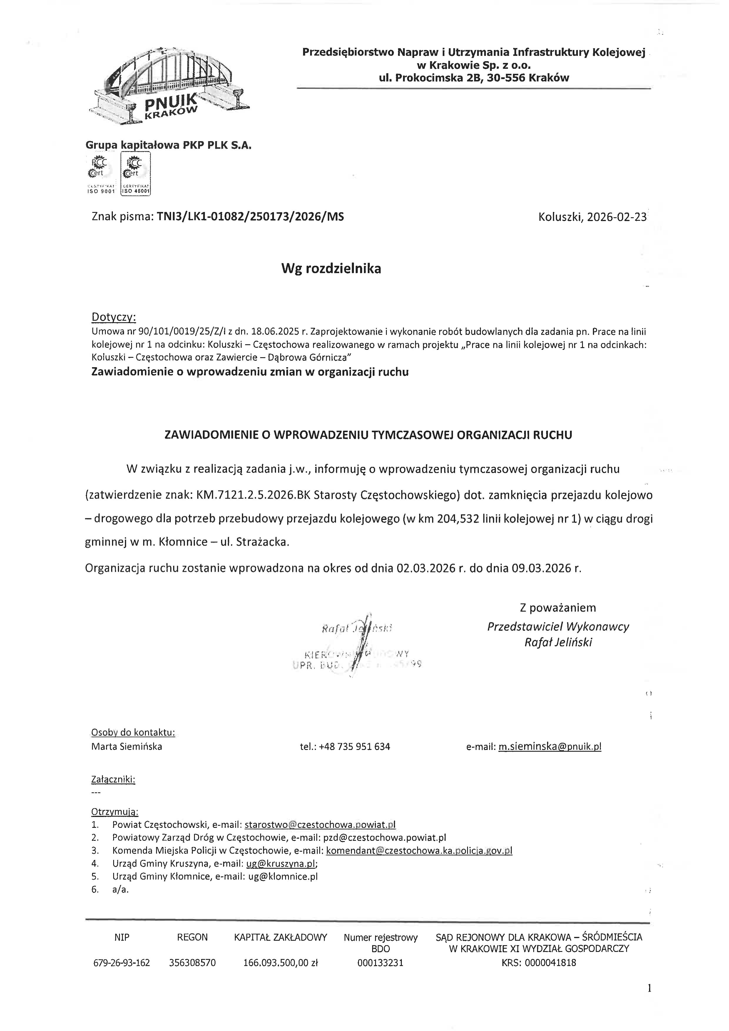 Zamknięcie przejazdu kolejowo-drogowego w miejscowości Kłomnice-Janaszów od 2.03 do 9.03.2026