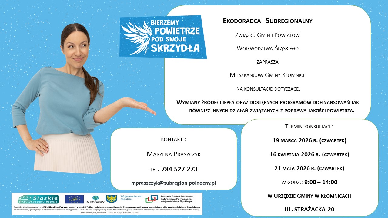 Spotkanie dot. wymiany źródeł ciepła w UG Kłomnice terminy: 19.03, 16.04 oraz 21.05 w godzinach 9:00-14:00