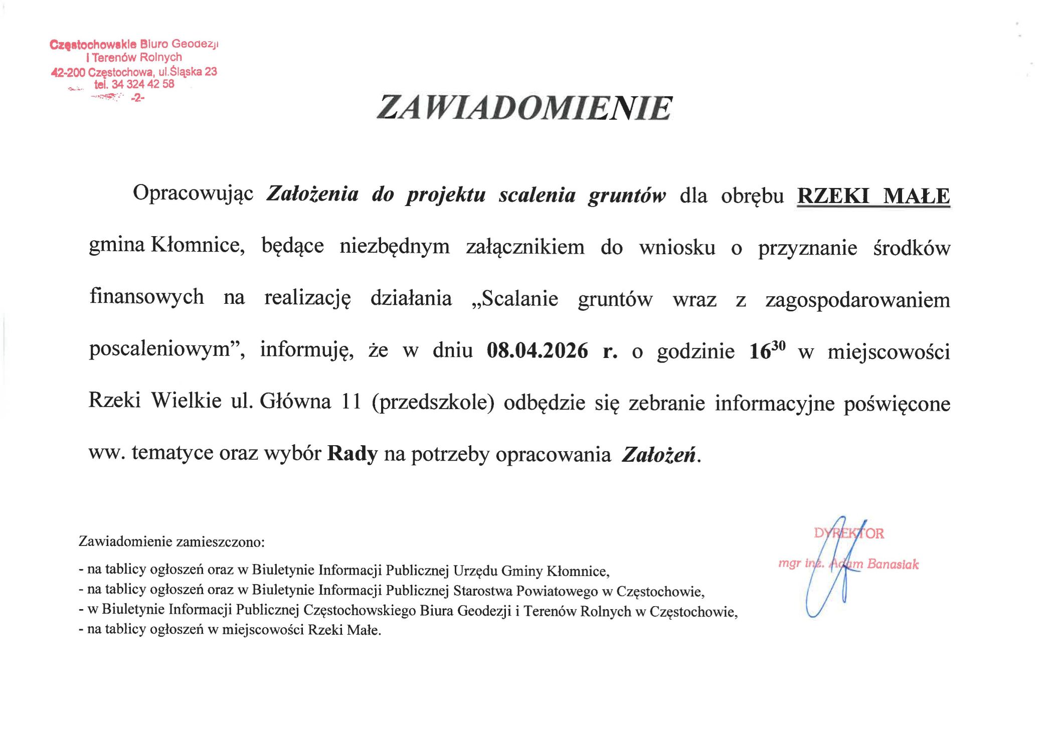 Zebranie informacyjne dla obrębu Rzeki Małe dot. scaleń odbędzie się w&nbsp;Rzekach Wielkich ul. Główna 11 dn. 8.04.2026 godz. 16:30