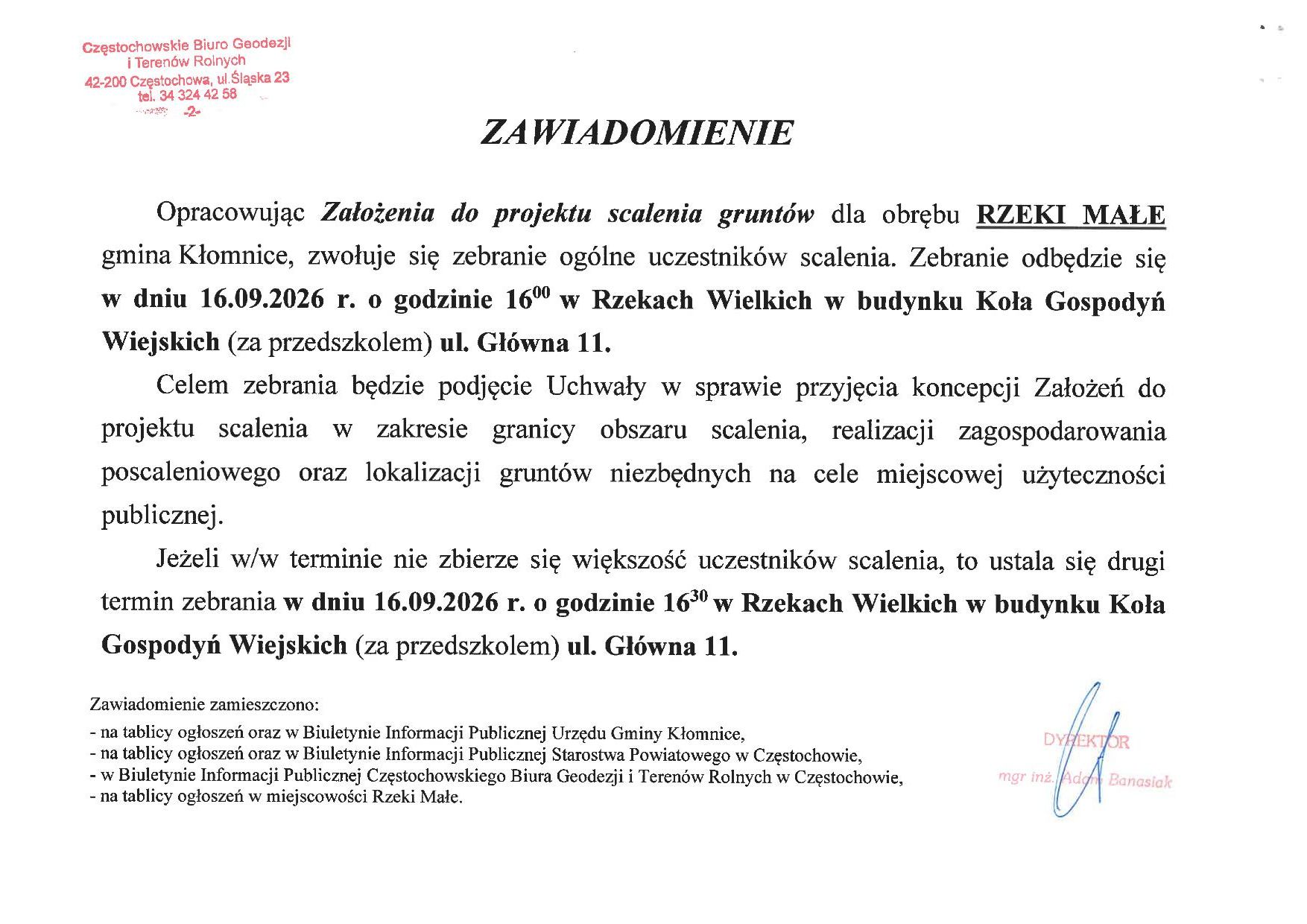 Zebranie dot. scalenia gruntów obrębu Rzeki Małe odbędzie się dn. 16.09.2026 godz. 16:00 w Rzekach Wielkich w budynku KGW ul. Główna 11